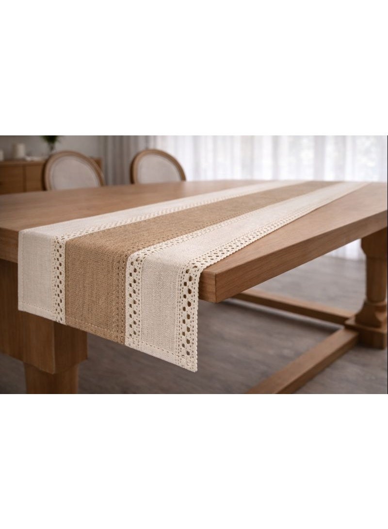 Home Care Boho Jute Table Runner Natural Beige & White Dining Table Decor - Image 5